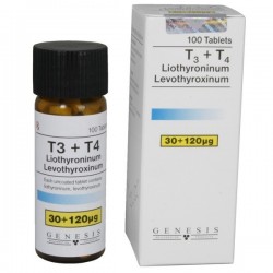 Buy T3 + T4 (100x 30mcg/120mcg) online Product: T3 + T4 (100x 30mcg/120mcg)  Each order unit contains: T3 + T4 (100x 30mcg/120mcg)  Active substance: Liothyronine Sodium T3  Manufacturer / Brand: Genesis